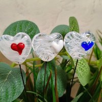 Glass Heart Plant Pick: White Swirl Heart on 5in wire. Use for floral bouquet, plants, jewelry, gifts; each handmade, Measures 3/4in x 3/4in