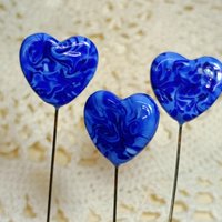 Glass Heart Plant Pick: Blue/Blue Swirl, Heart on 5in wire. Use for floral bouquet, plants, jewelry, gifts; each unique handmade, 3/4in