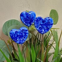 Glass Heart Plant Pick: Blue/Blue Swirl, Heart on 5in wire. Use for floral bouquet, plants, jewelry, gifts; each unique handmade, 3/4in