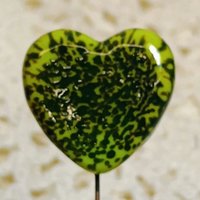 Glass Heart Plant Pick: Green Frog Skin Heart on 5in wire. Use for floral bouquet, plants, jewelry, gifts; each unique Measures 3/4in