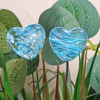 Glass Heart Turquoise Plant Pick on 5in wire. Use for floral bouquet, plants, jewelry, wedding cake or table decor, gifts; each unique 3/4in