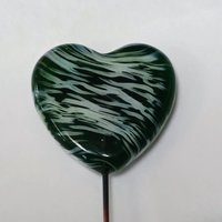 Glass Heart Plant Pick, Green White Swirl on 5in wire. Use for floral bouquet, wedding, cake decor, plants, jewelry, gifts; handmade 3/4in