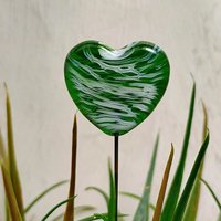 Glass Heart Plant Pick, Green White Swirl on 5in wire. Use for floral bouquet, wedding, cake decor, plants, jewelry, gifts; handmade 3/4in