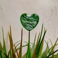 Glass Heart Plant Pick, Green White Swirl on 5in wire. Use for floral bouquet, wedding, cake decor, plants, jewelry, gifts; handmade 3/4in