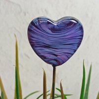 Glass Heart Plant Pick, Dark Purple Lavender Swirl on 5in wire. Use for floral bouquet, wedding, cake decor, plants, jewelry, gifts; 3/4in