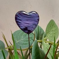 Glass Heart Plant Pick, Dark Purple Lavender Swirl on 5in wire. Use for floral bouquet, wedding, cake decor, plants, jewelry, gifts; 3/4in