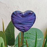 Glass Heart Plant Pick, Dark Purple Lavender Swirl on 5in wire. Use for floral bouquet, wedding, cake decor, plants, jewelry, gifts; 3/4in