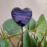 Glass Heart Plant Pick, Dark Purple Lavender Swirl on 5in wire. Use for floral bouquet, wedding, cake decor, plants, jewelry, gifts; 3/4in