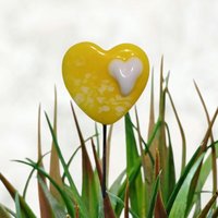 Glass Heart Plant Pick Bright Yellow w/ white heart on 5in wire. Use for floral bouquet, wedding, cake decor, plants, jewelry, gifts; 3/4in