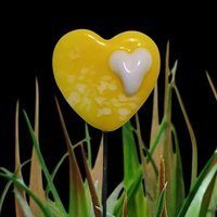 Glass Heart Plant Pick Bright Yellow w/ white heart on 5in wire. Use for floral bouquet, wedding, cake decor, plants, jewelry, gifts; 3/4in