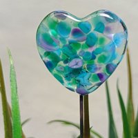 Glass Heart Plant Pick: Emerald Island, Heart on 5in wire. Use for floral bouquet, plants, jewelry, gifts; each unique Measures 3/4in
