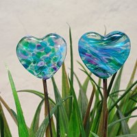 Glass Heart Plant Pick: Emerald Island, Heart on 5in wire. Use for floral bouquet, plants, jewelry, gifts; each unique Measures 3/4in