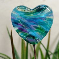 Glass Heart Plant Pick: Emerald Island, Heart on 5in wire. Use for floral bouquet, plants, jewelry, gifts; each unique Measures 3/4in