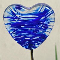 Glass Heart Plant Pick, Dark Blue Mix on clear 5in wire. Use for floral bouquet, wedding, cake decor, plants, jewelry, gifts; handmade 3/4in