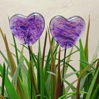 Glass Heart Plant Pick, Purple Mix on clear, 5in wire. Use for floral bouquet, wedding, cake decor, plants, jewelry, gifts; handmade 3/4in