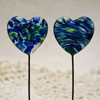 Glass Heart Plant Pick: Green Blue Frit Swirl, Heart on 5in wire. Use for floral bouquet, plants, jewelry, gifts; each unique Measures 3/4in