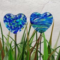 Glass Heart Plant Pick: Green Blue Frit Swirl, Heart on 5in wire. Use for floral bouquet, plants, jewelry, gifts; each unique Measures 3/4in