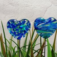 Glass Heart Plant Pick: Green Blue Frit Swirl, Heart on 5in wire. Use for floral bouquet, plants, jewelry, gifts; each unique Measures 3/4in