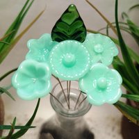 Jadeite Green Opalino glass flower, tiny small miniature glass flowers on wire; handcraft lampwork, great for jewelry, wedding, cakes, curio