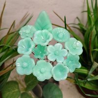Jadeite Green Glass Flower Bouquet; set/12 tiny small mini glass flowers; handcrafted lampwork flowers vintage on 5inch stainless steel wire