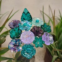 Purple Teal Sea Bouquet ~glass flowers+leaf, tiny small glass flowers handcrafted lampwork, gift, curio, windowsill, jewelry supply, wedding