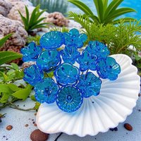 Dark Aqua glass flowers on wire, tiny small mini handcrafted lampwork, plant pick, jewelry, mixed media, wedding, cake decor, great gift