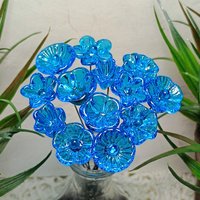 Dark Aqua glass flowers on wire, tiny small mini handcrafted lampwork, plant pick, jewelry, mixed media, wedding, cake decor, great gift