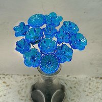 Dark Aqua glass flowers on wire, tiny small mini handcrafted lampwork, plant pick, jewelry, mixed media, wedding, cake decor, great gift