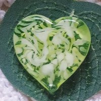 My Heart Glows! Uranium Small Heart  3/4in, vasoline glass with white swirls. lampwork pocket heart, cabachon, wire wrapping, jewelry, curio