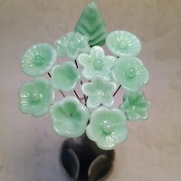Jadeite Green Opalino glass flower, tiny small miniature glass flowers on wire; handcraft lampwork, great for jewelry, wedding, cakes, curio