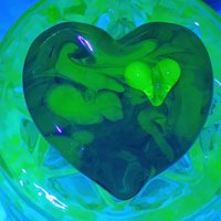 My Green Heart Glows! Uranium Large Heart 1.125" (25mm) sage green glass with uranium swirls; this pocket heart is perfect for gift or curio