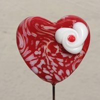 Custom Made Glass Heart Plant Pick for small floral bouquet, 3/4"x5in wire; handcraft lampwork, jewelry, gift, curio, windowsill, small vase