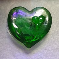 My Green Heart Glows! Uranium Large Heart 1.125" (25mm) sage green glass with uranium swirls; this pocket heart is perfect for gift or curio