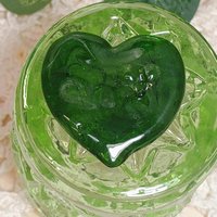 My Green Heart Glows! Uranium Large Heart 1.125" (25mm) sage green glass with uranium swirls; this pocket heart is perfect for gift or curio