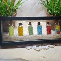 Uranium UV Glass Chips in Larger 1.75" Bottle Jar; Uranium, Green, Blue, Yellow, Amberina; curio, jewelry, mixed media, UV GLOW 365nm 395nm