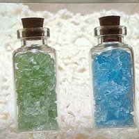 Uranium UV Glass Chips in Larger 1.75" Bottle Jar; Uranium, Green, Blue, Yellow, Amberina; curio, jewelry, mixed media, UV GLOW 365nm 395nm