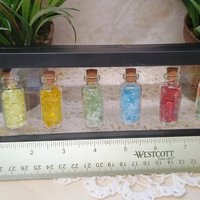 Uranium UV Glass Chips in Larger 1.75" Bottle Jar; Uranium, Green, Blue, Yellow, Amberina; curio, jewelry, mixed media, UV GLOW 365nm 395nm