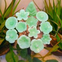 Jadeite Green Glass Flower Bouquet; set/12 tiny small mini glass flowers; handcrafted lampwork flowers vintage on 5inch stainless steel wire