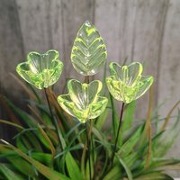 NEW! Uranium glass flower, large Starflower 20mm on 5in wire. Use in floral bouquet, plant pick, jewelry, gifts; bright glow 395nm