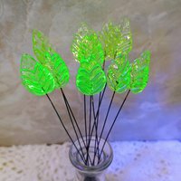 Uranium Leaf Flat - Glass Leaf Headpins, glass flat leaf shape on wire; handcrafted lampwork for flower bouquet, jewelry, mixed media, curio