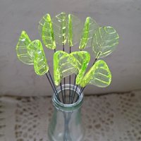 Uranium Leaf Bent - Glass Leaf Headpins, glass bent leaf shape on wire; handcrafted lampwork for flower bouquet, jewelry, mixed media, curio