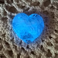 Glass Heart UV Blue Glow in 395uv; Large Heart 1.1/16" (31mm) blue glow glass with white swirls; wirewrapping, jewelry, pocket heart, gift