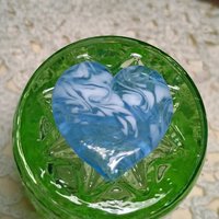 Glass Heart UV Blue Glow in 395uv; Large Heart 1.1/16" (31mm) blue glow glass with white swirls; wirewrapping, jewelry, pocket heart, gift