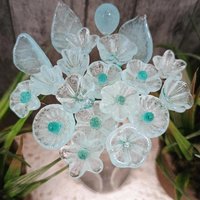 New! SOFT AQUA GLOW uv reactive glass flowers; miniature tiny small glass flowers on wire; handcrafted lampwork; bright aqua glow in 395nm
