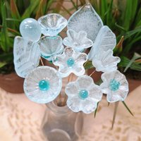 New! SOFT AQUA GLOW uv reactive glass flowers; miniature tiny small glass flowers on wire; handcrafted lampwork; bright aqua glow in 395nm