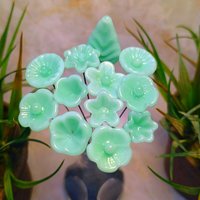 Jadeite Green Glass Flower Bouquet; set/12 tiny small mini glass flowers; handcrafted lampwork flowers vintage on 5inch stainless steel wire