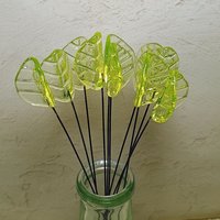 Uranium Leaf Bent - Glass Leaf Headpins, glass bent leaf shape on wire; handcrafted lampwork for flower bouquet, jewelry, mixed media, curio