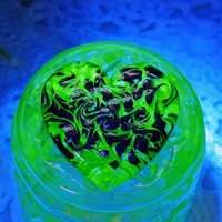 Uranium Vaseline Glass Heart Black Swirl;  Large Heart 1.25" (30mm)  glass with black swirls; plant pick gift pocket heart, curio, wirewrap
