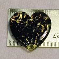 Uranium Vaseline Glass Heart Black Swirl;  Large Heart 1.25" (30mm)  glass with black swirls; plant pick gift pocket heart, curio, wirewrap