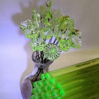Uranium Glass Flower Bouquet Gift, Full Set/12 vasoline glass mini, tiny, small glass flowers on 5 inch wire; made by me; bright glow 395uv